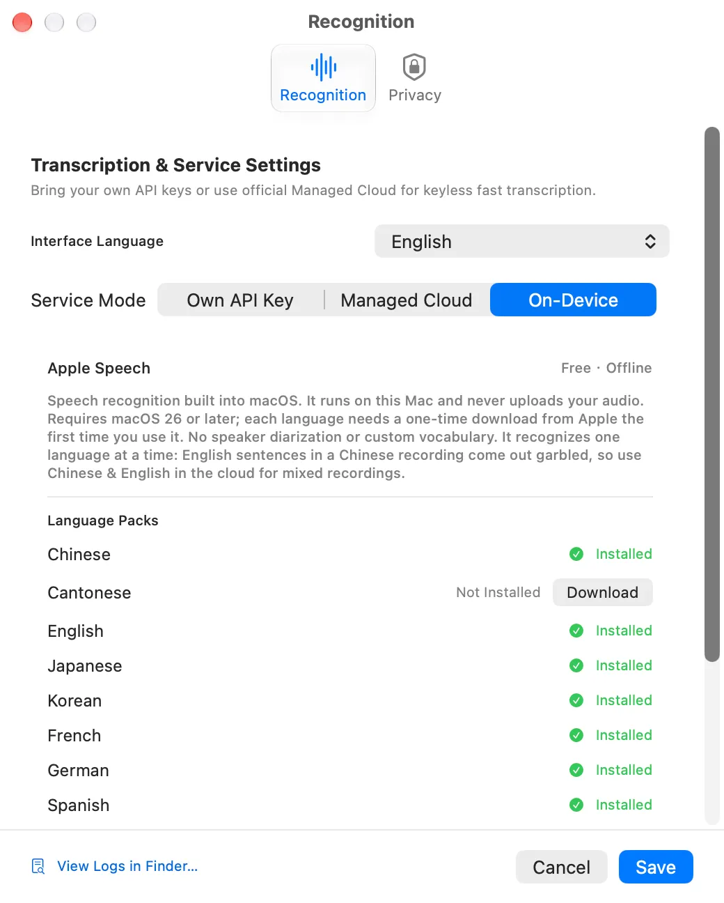 Audio Print settings window: Service Mode can be Own API Key, Managed Cloud or On-device; On-device is selected, with the list of system language packs